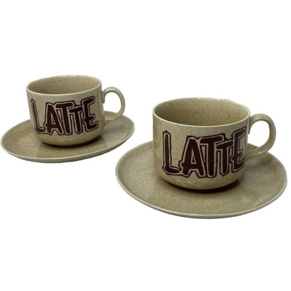 Coffee Mug With Saucers Latte Porcelain Italian Expresso Tan Set Of 2